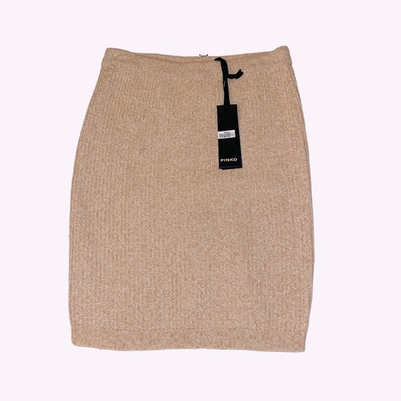 NEW PINKO Knitted Bodycon Cashmere Angora & Wool Blend Tan Beige Skirt - Picture 2 of 5